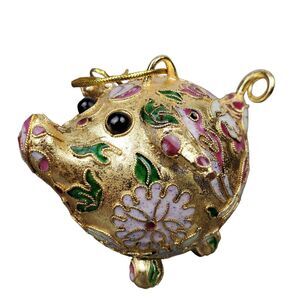 Cloisonne Enamel Gold Tone Flower Birds Pig Piglet Figurine 3.25"